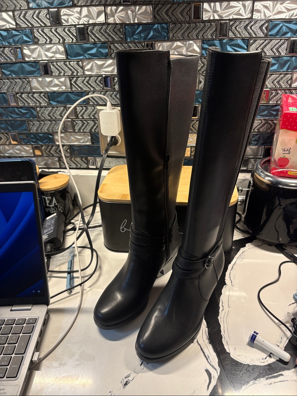 Clarks Black Over-the-Knee Riding Boots with Ankle Strap Detail
